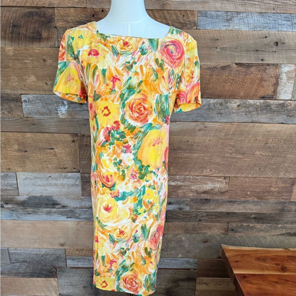 KC Spencer VNTG shift dress vivid abstact floral roses and poppies fully lined